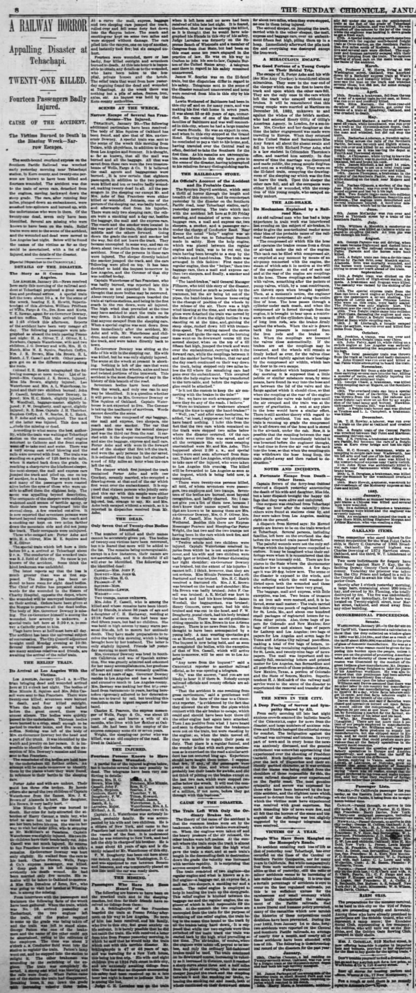Tehachapi Summit Rail Disaster of Jan. 20, 1883: 21 Killed in Runaway of Passenger Cars