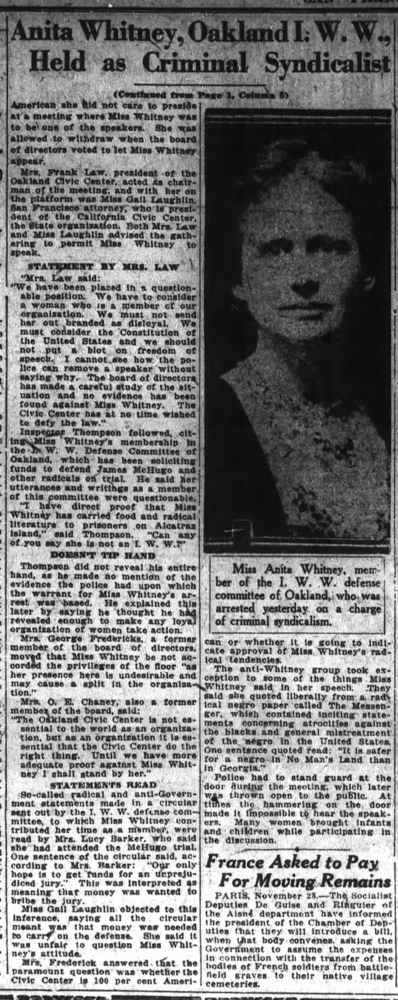 "Anita Whitney, Oakland IWW, Held as Criminal Syndicalist" (jump from front page)