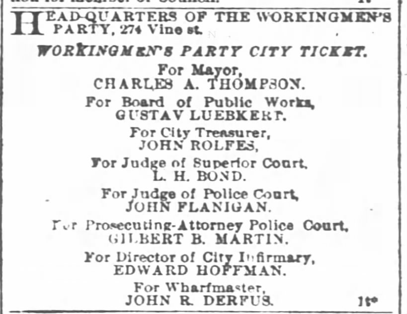 Workingmen's Party (Socialist Labor Party) Ticket for April 1877 Election in Cincinnati