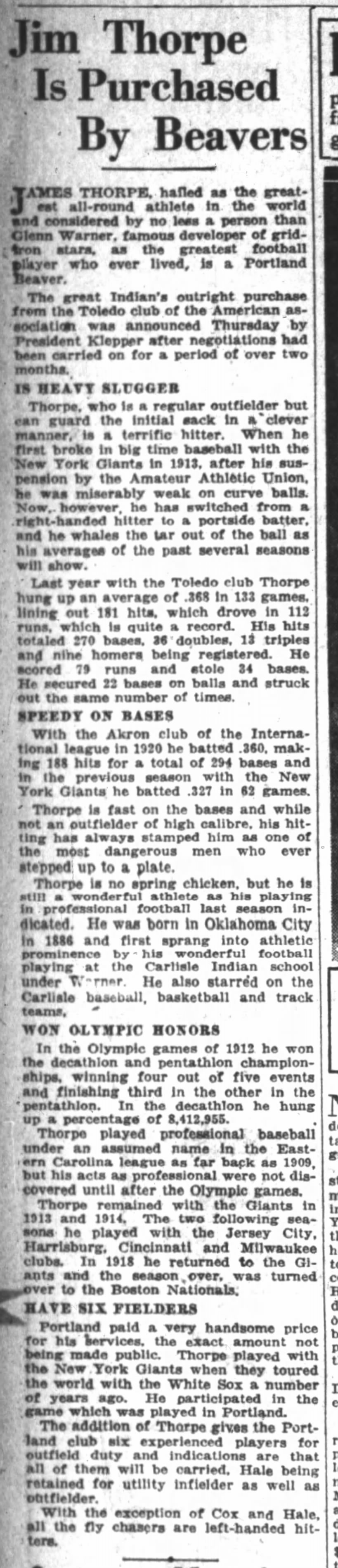 Jim Thorpe is Purchased by Portland Beavers baseball team, to play 1922 season