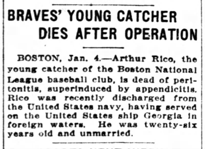 Braves Catcher Arthur Rico (Art Rico) Dies After Appendix Operation