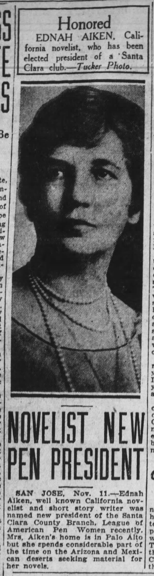 Ednah Aiken president of the Santa Clara branch, Leage of American Pen Women (1929).