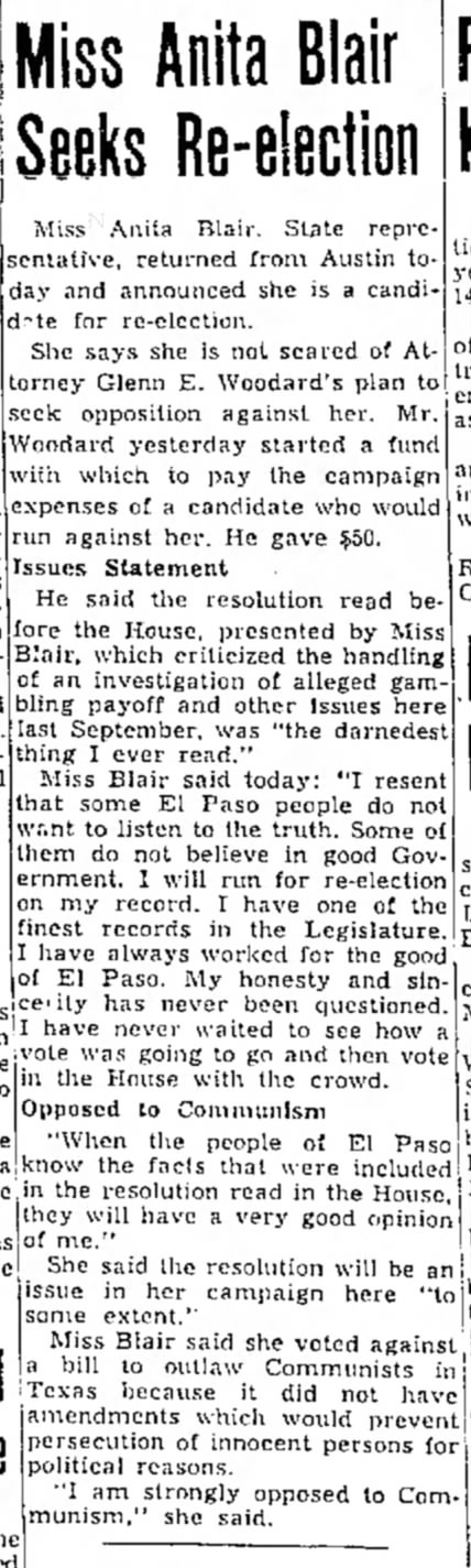 Anita Lee Blair seeks re-election (1954).