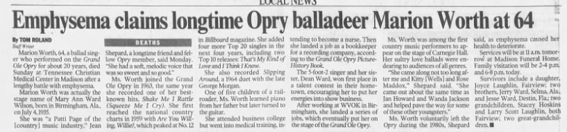 Emphysema claims longtime Opry balladeer Marion Worth at 64