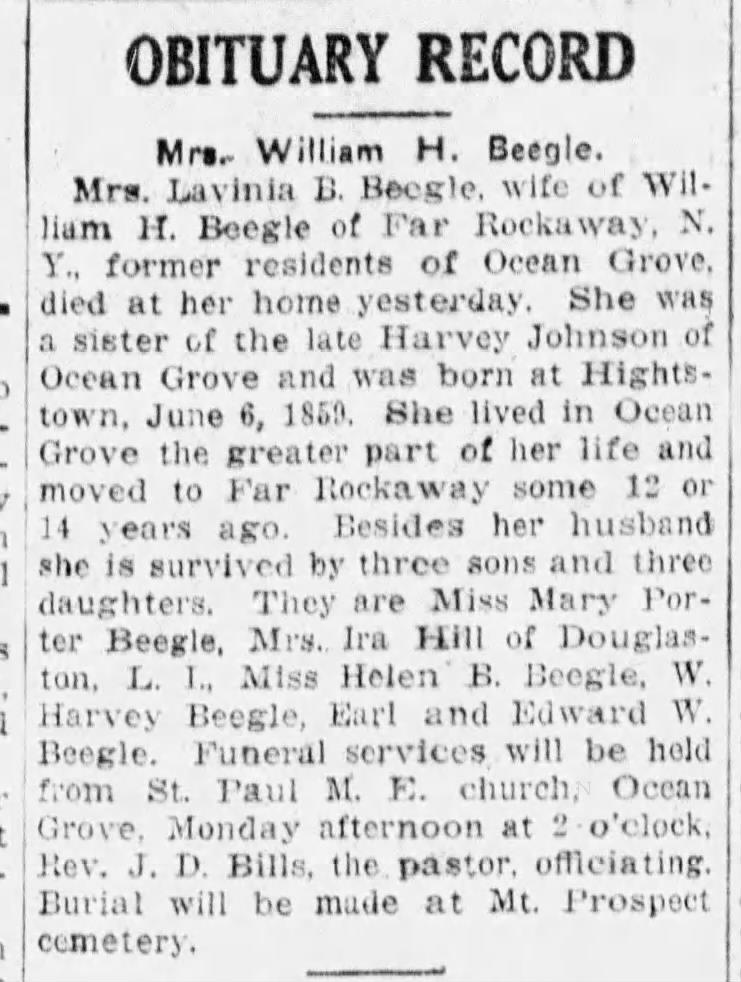 Obituary Record Mrs. William H. Beegle