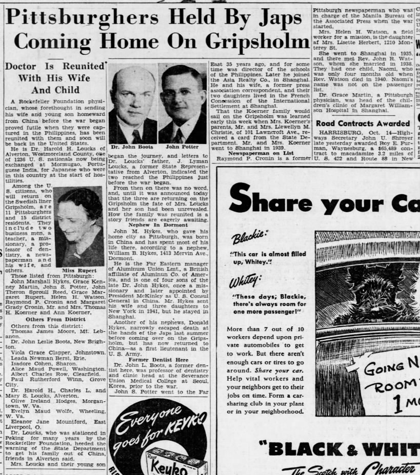 Pittsburghers Held by Japs Coming Home on Gripsholm