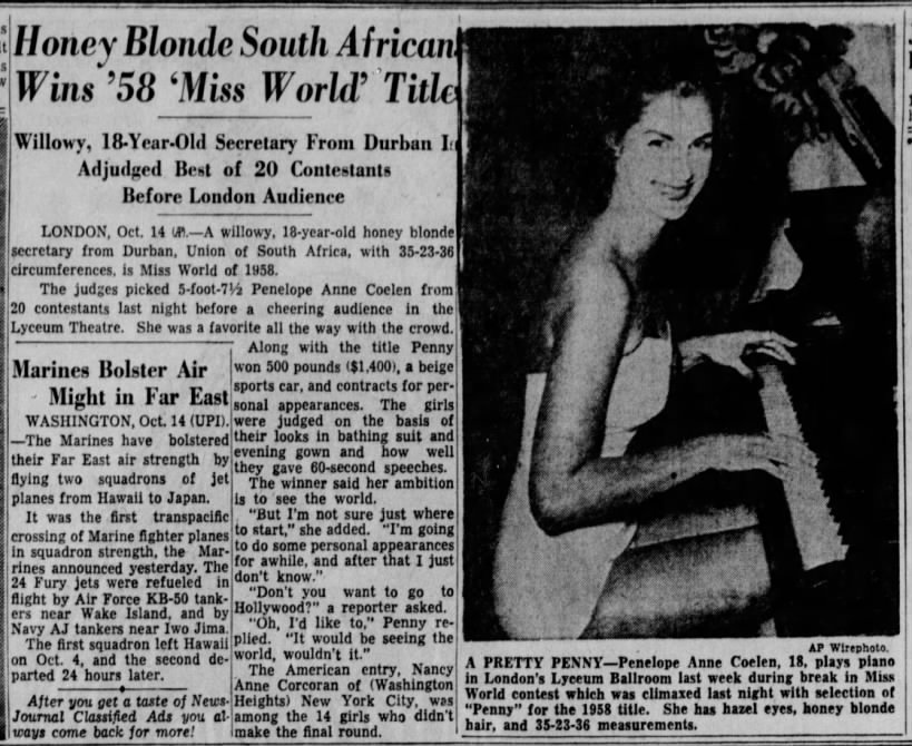 Honey Blonde South African Wins '58 'Miss World' Title