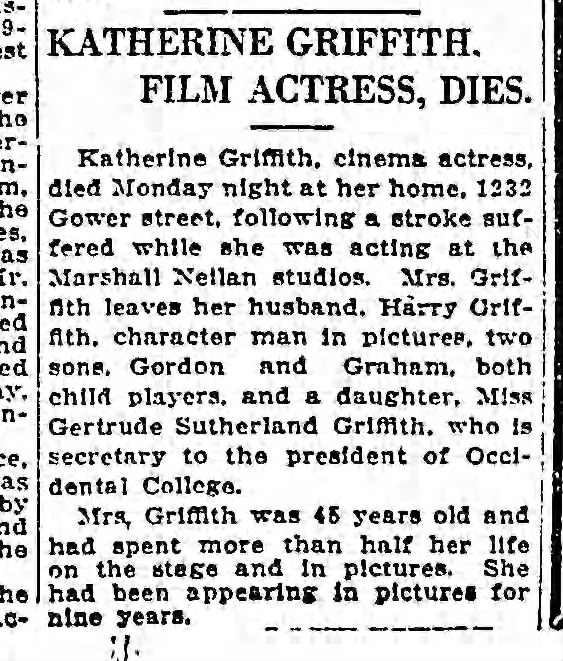 Katherine Griffith, Film Actress, Dies