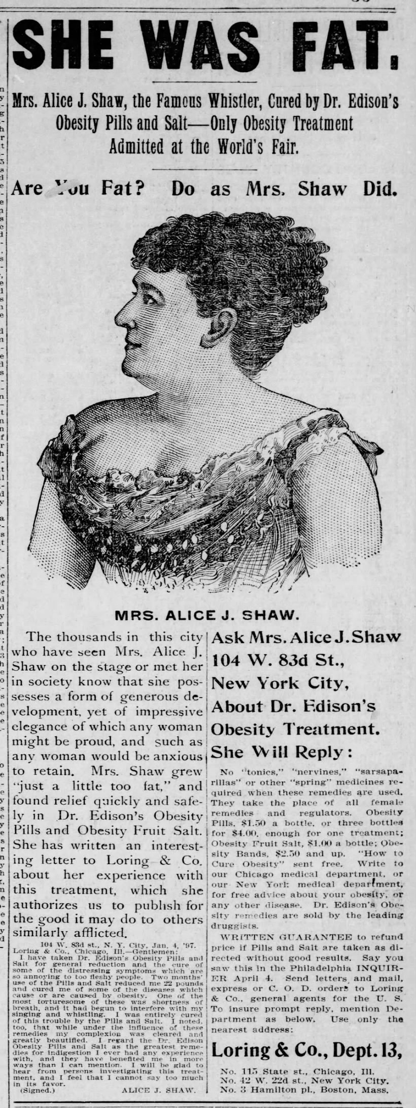 "She Was Fat" ad: Alice J. Shaw as celebrity weight-loss spokeswoman (1897).