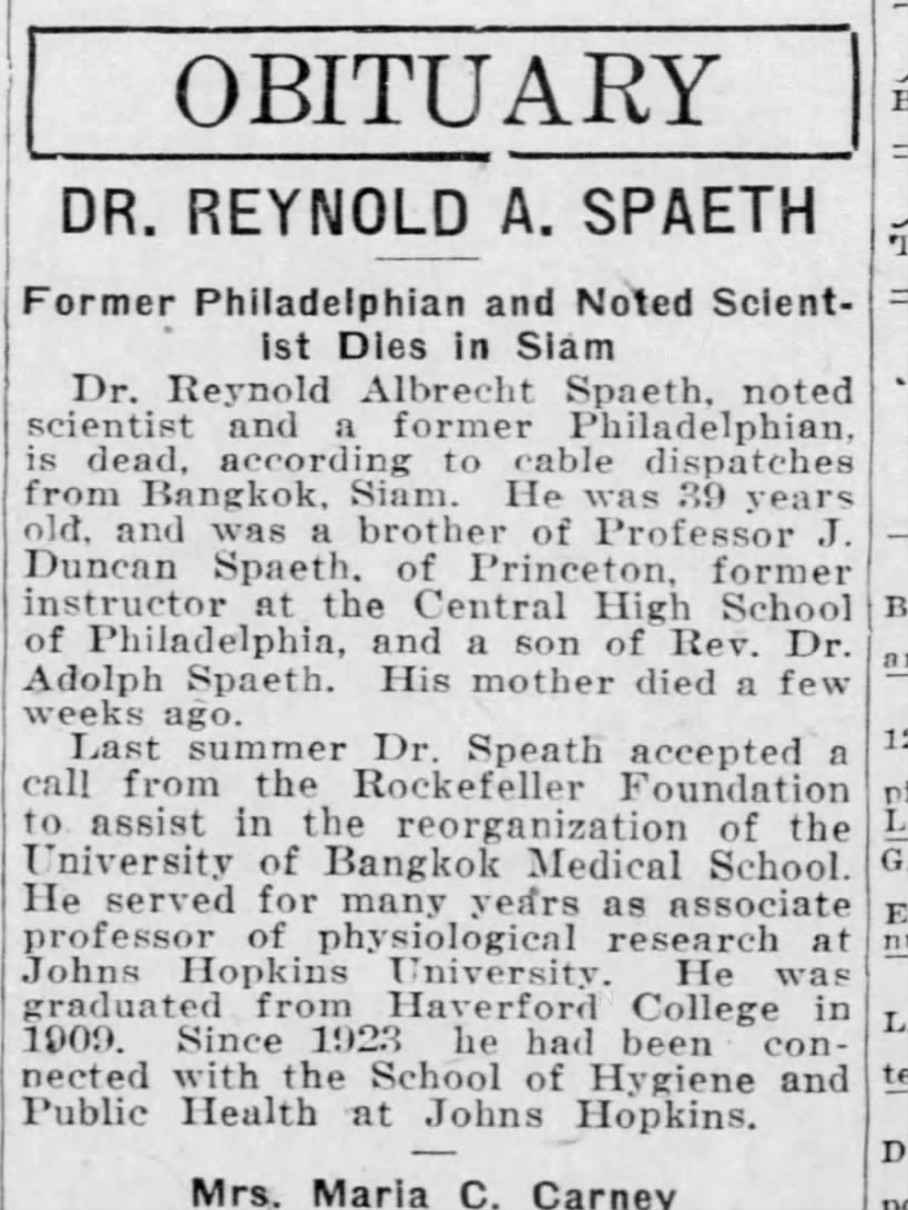 Dr. Reynold A. Spaeth; Former Philadelphian and Noted Scientist Dies in Siam