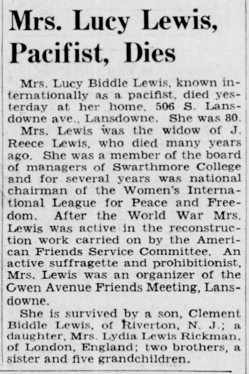 Mrs. Lucy Lewis, Pacifist, Dies