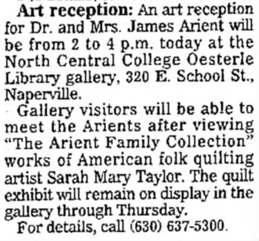 Arient Family Collection exhibition includes quilts by Sarah Mary Taylor (1996).