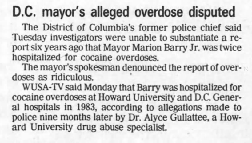 D. C. Mayor's Alleged Overdose Disputed