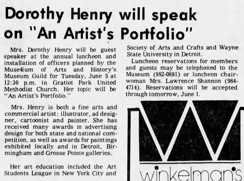 Dorothy Henry Will Speak on 'An Artist's Portfolio'