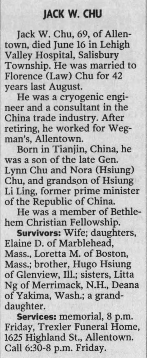 Obituary for JACK W. CHU (Aged 69)