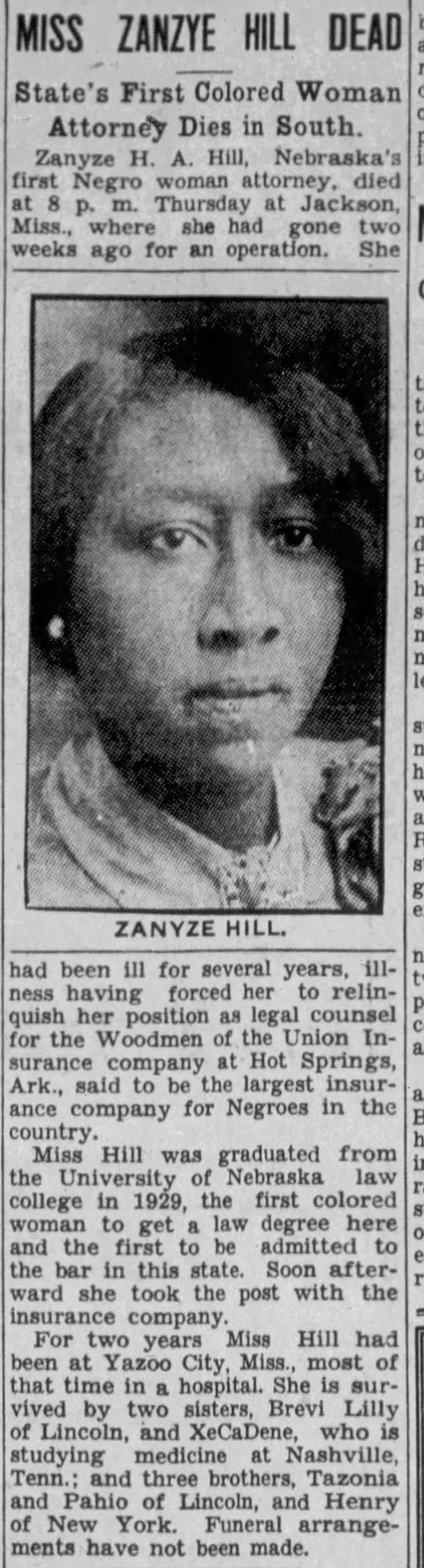 Miss Zanzye Hill Dead; State's First Colored Woman Attorney Dies in South