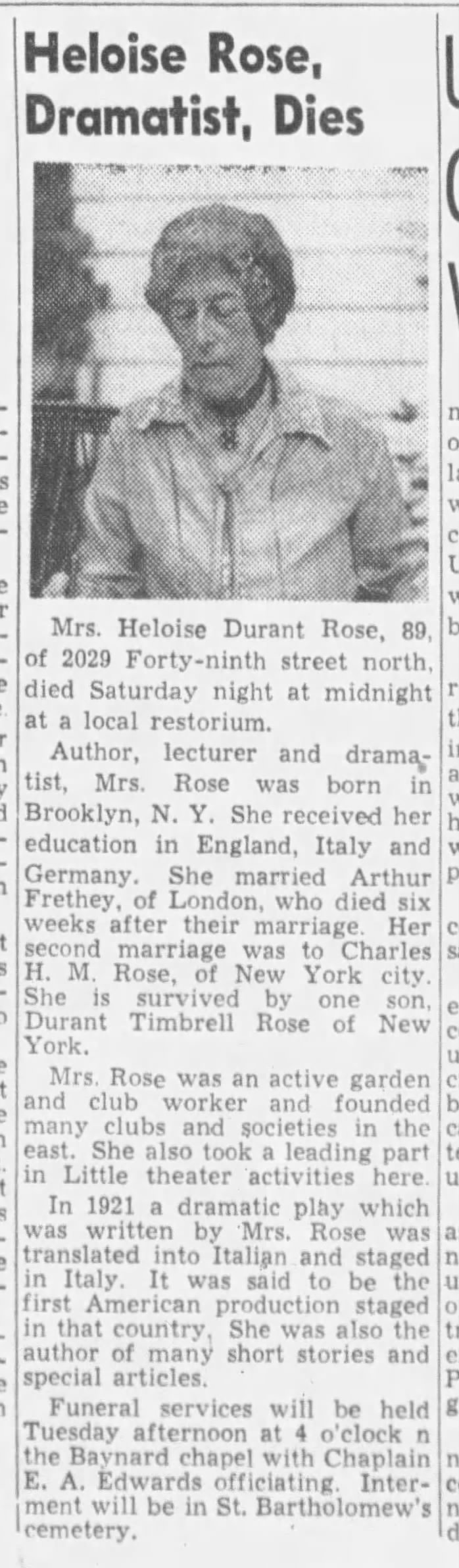 Heloise Durant Rose obit 1943