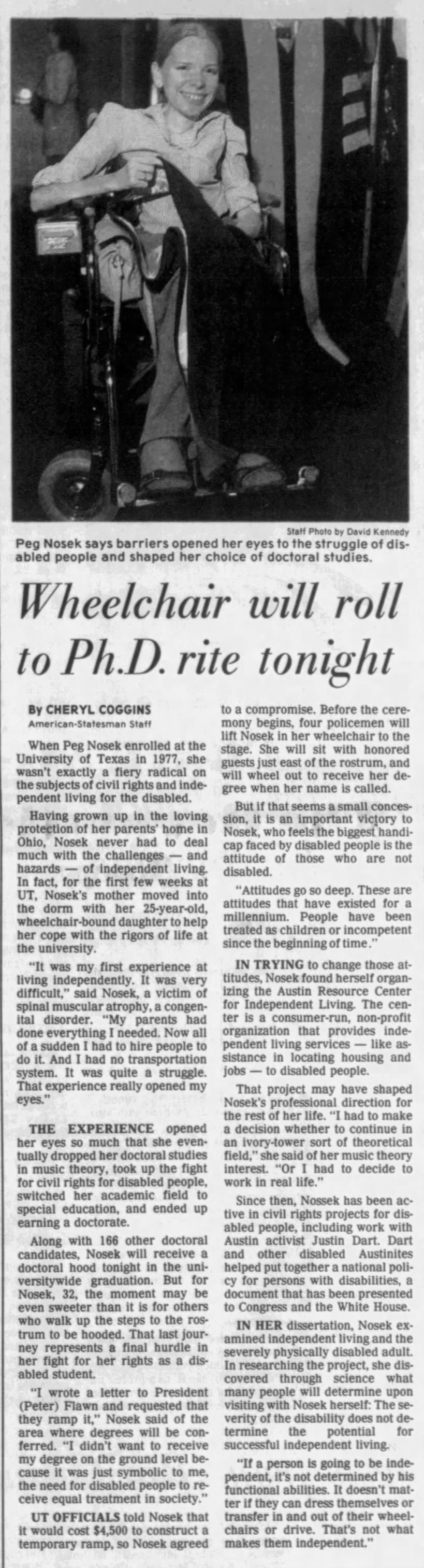 wheelchair will roll to Ph.D. rite tonight/Cheryl Coggins