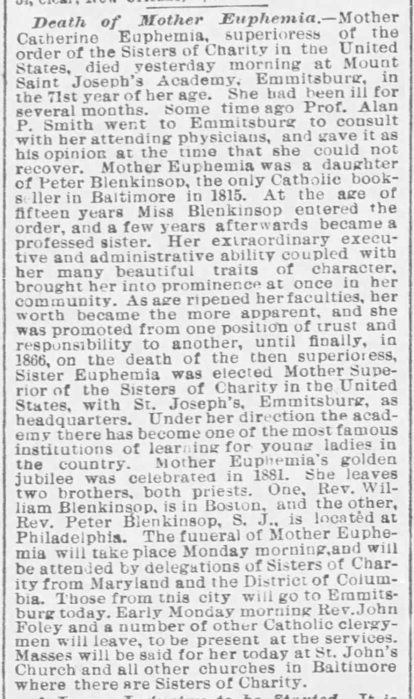 Death of Mother Euphemia 1887