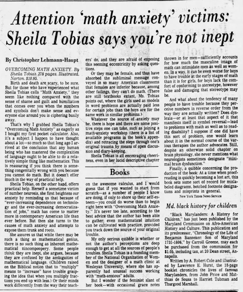 Attention 'math anxiety' victims: Sheila Tobias says you're not inept/Christopher Lehmann-Haupt