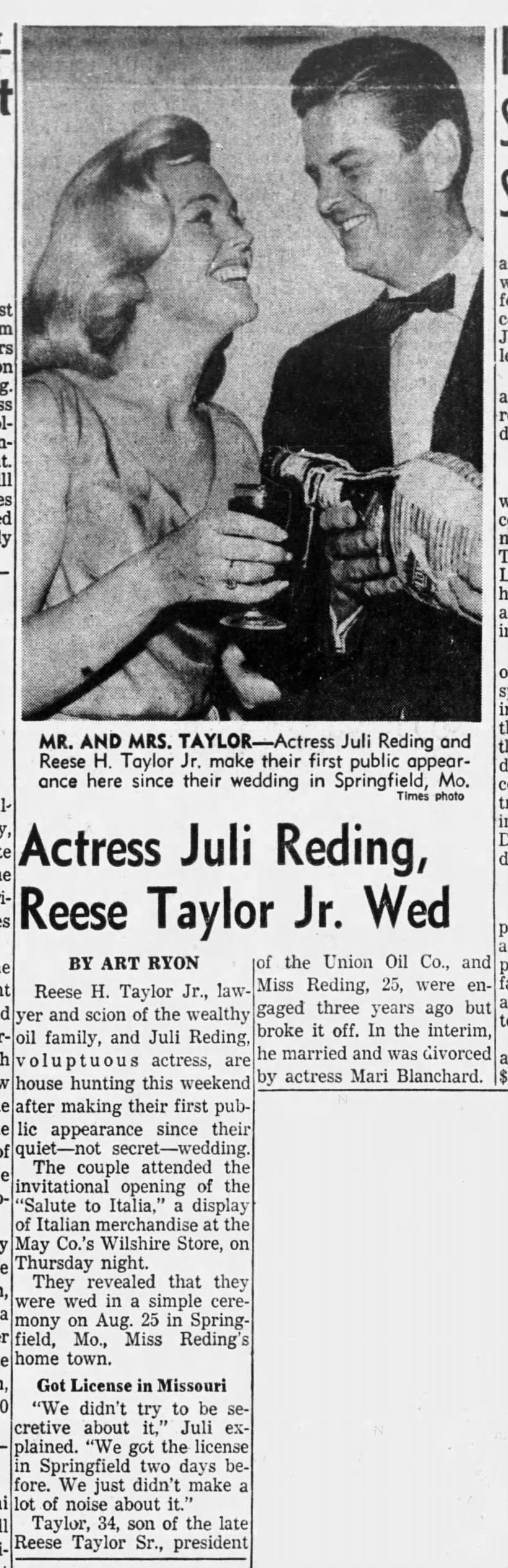 Actress Juli Reding, Reese Taylor Jr.  Wed/Art Ryon