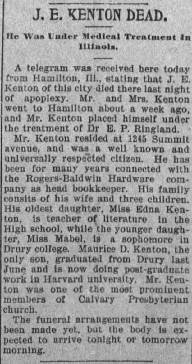 Obituary, J. E. Kenton (1897).