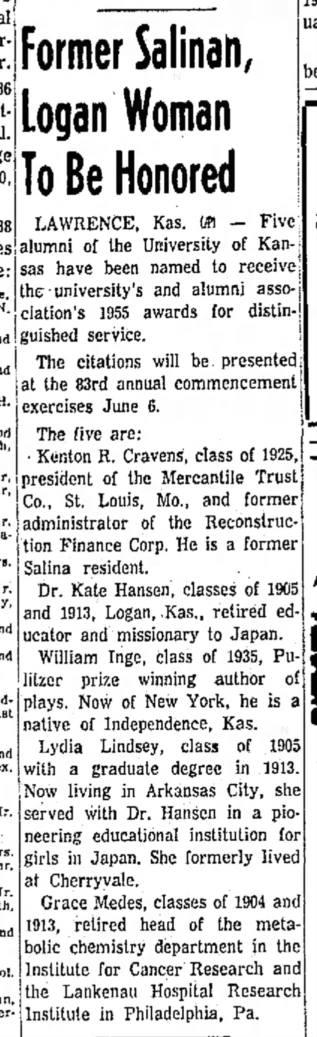 Grace Medes as distinguished alumna, University of Kansas, 1955.