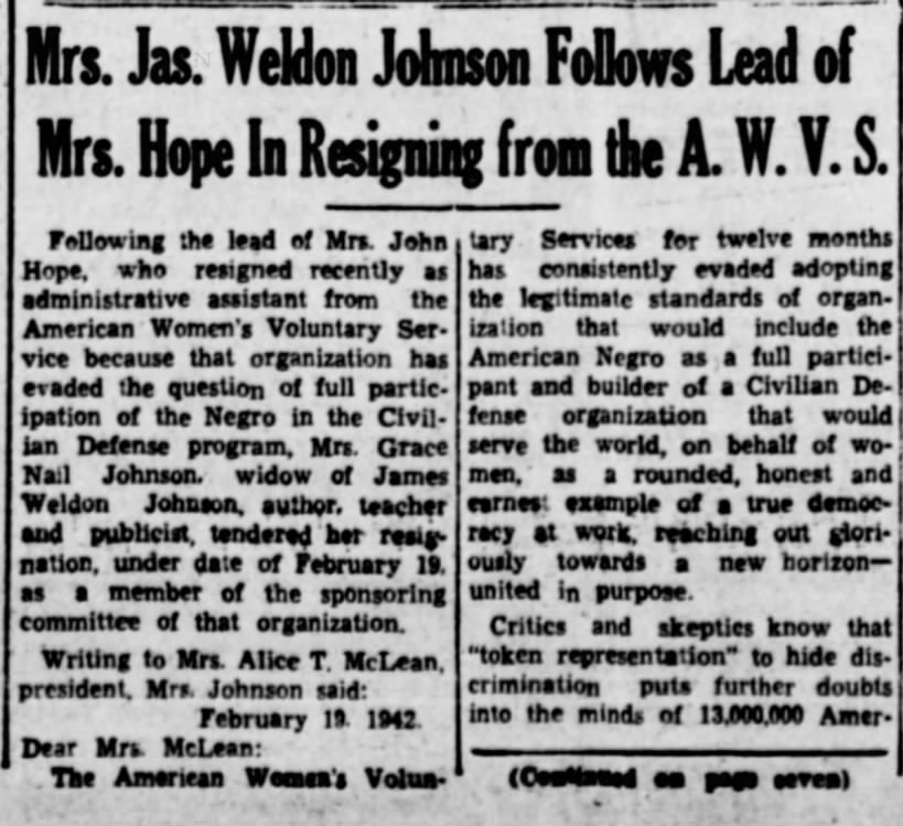 Grace Nail Johnson resigns from AWVS (1942).
