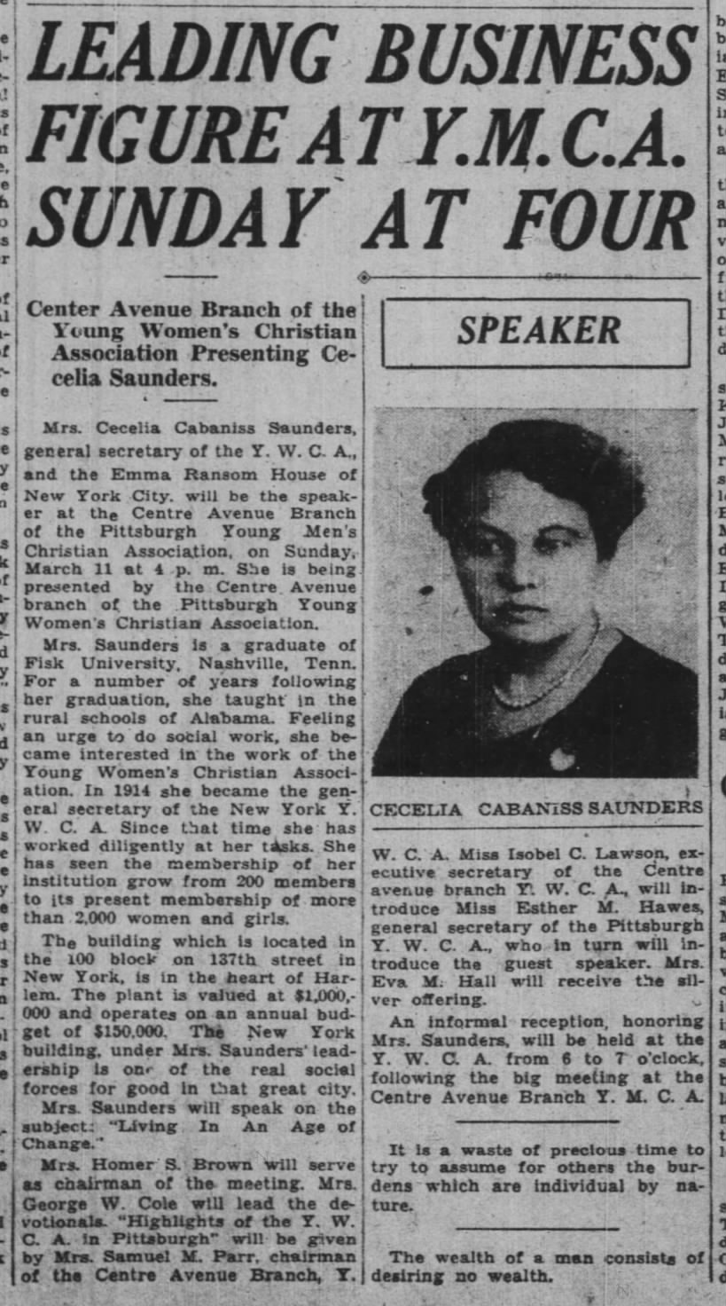 Cecelia Cabaniss Saunders speaks in Pittsburgh (1934).