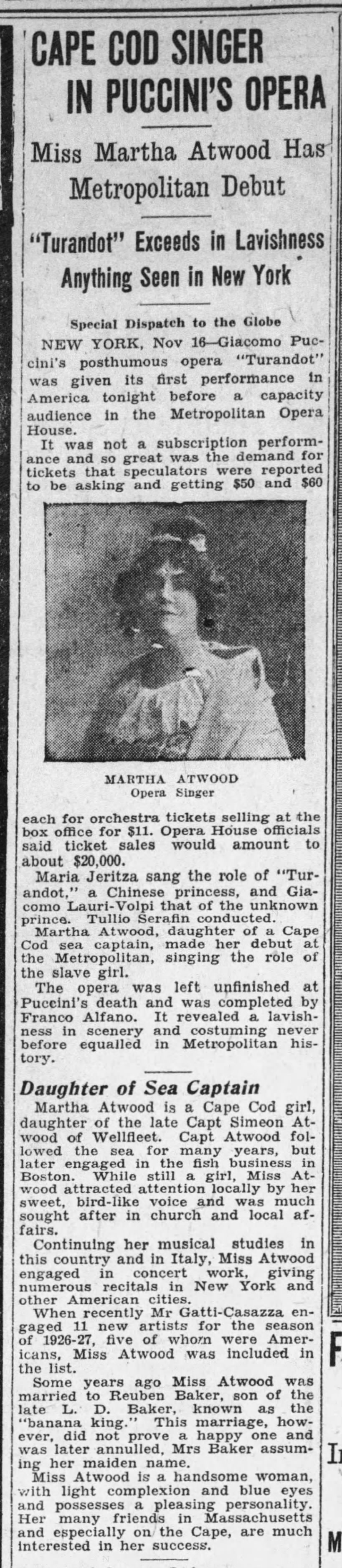 Cape Cod Singer in Puccini's Opera; Miss Martha Atwood has Metropolitan Debut