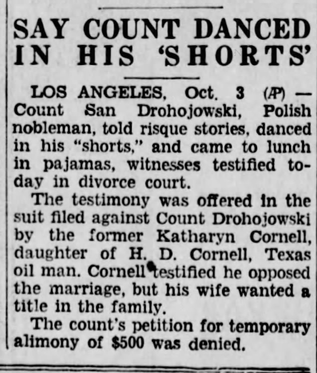Jan Drohojowski/Kathryn Cornell divorce 1935
