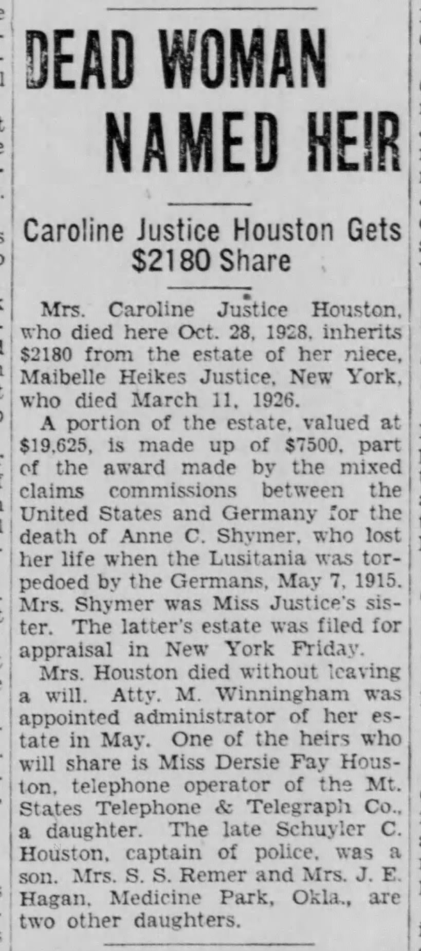 Death of Maibell Heikes Justice and her aunt, Caroline Justice Houston (1926, 1928).