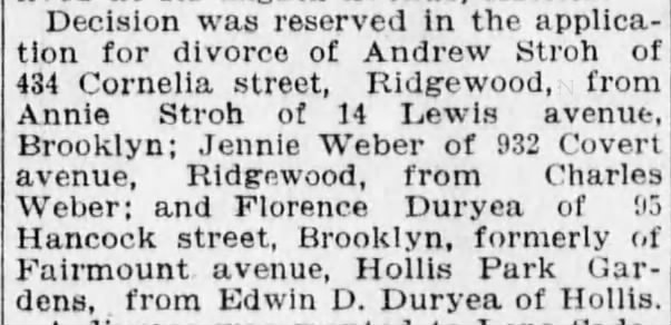 Divorce of Florence and Edwin D. Duryea (1915)