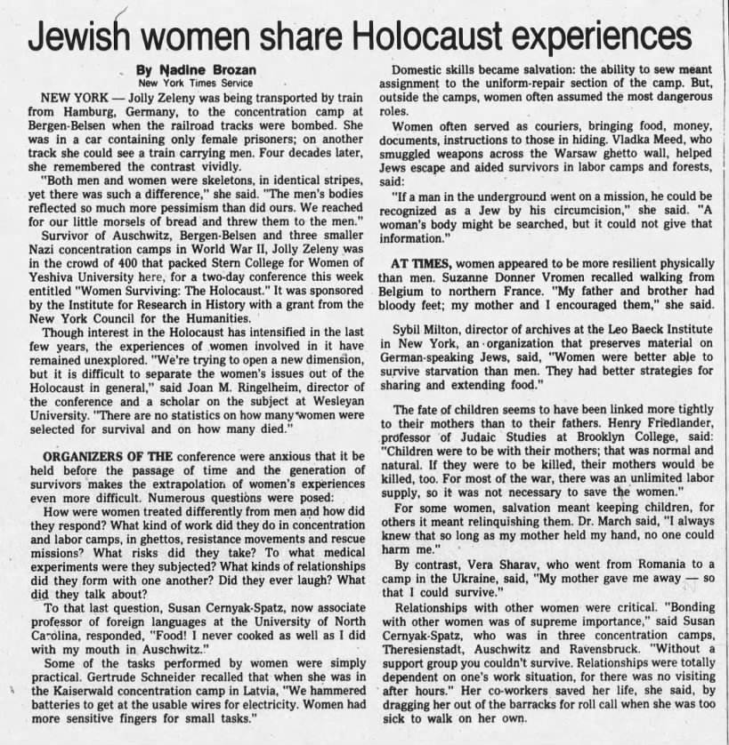 Jewish women share Holocaust experiences/Nadine Brozan