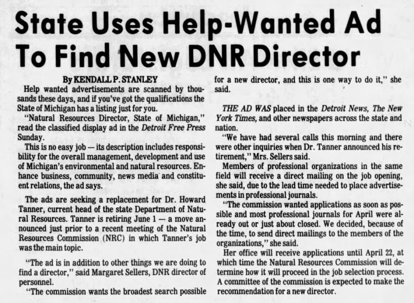 State Uses Help-Wanted Ad to Find New DNR Director/Kendall P. Stanley
