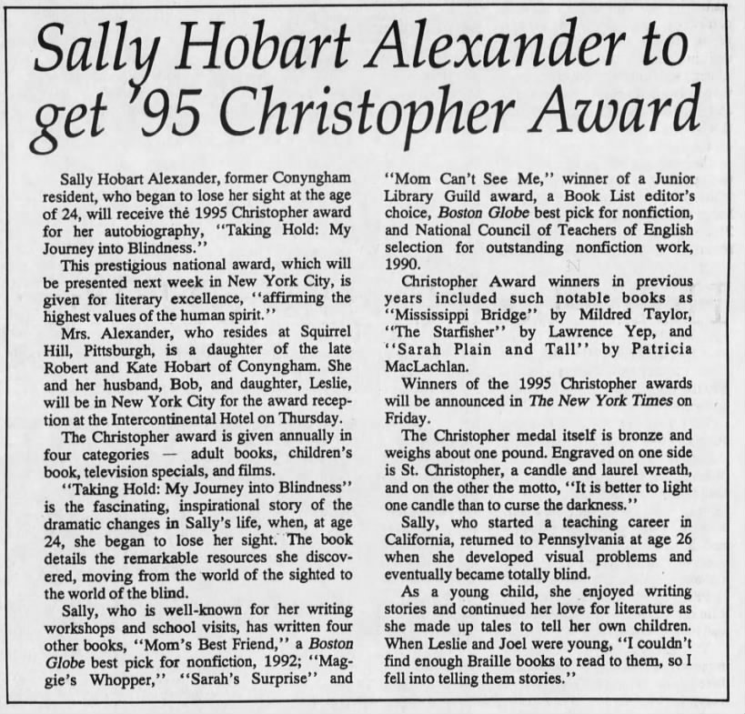 Sally Hobart Alexander to get '95 Christopher Award