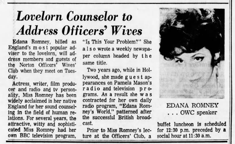 Edana Romney, "lovelorn counselor" (1966)
