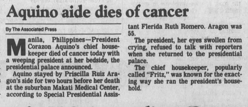 Aquino aide dies of cancer