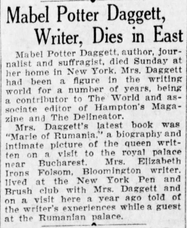 Mabel Potter Daggett dies (1927).