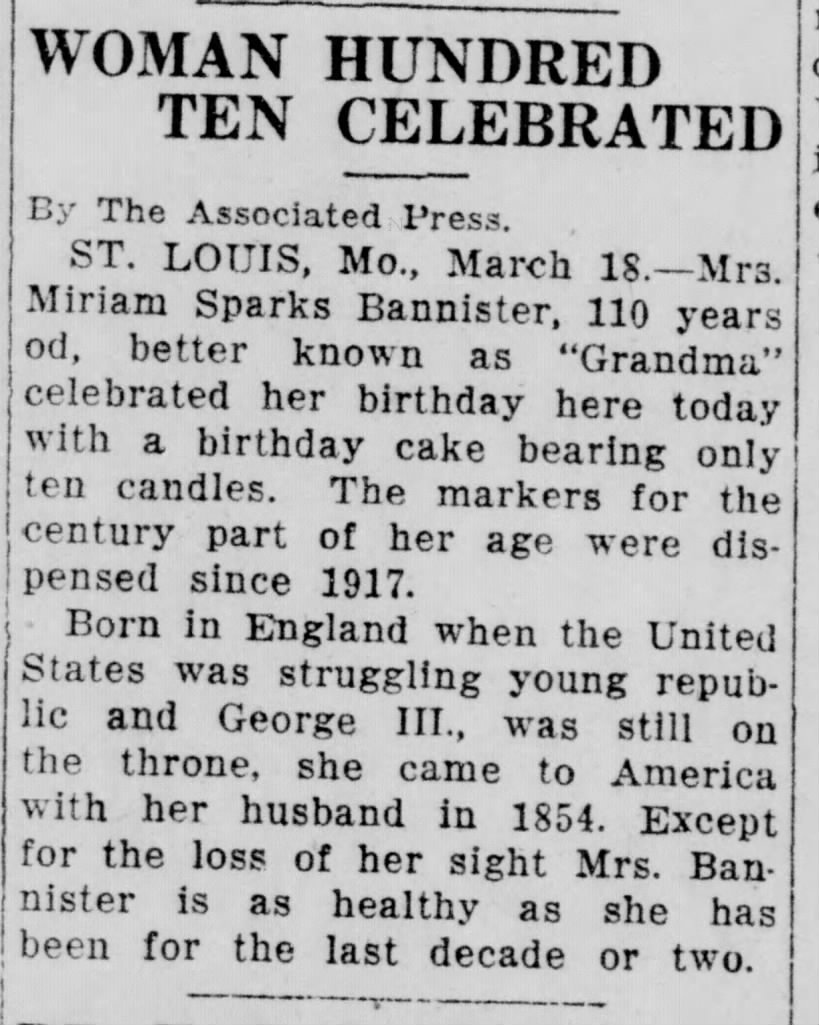 Miriam Sparks Bannister's 110th birthday (1927).