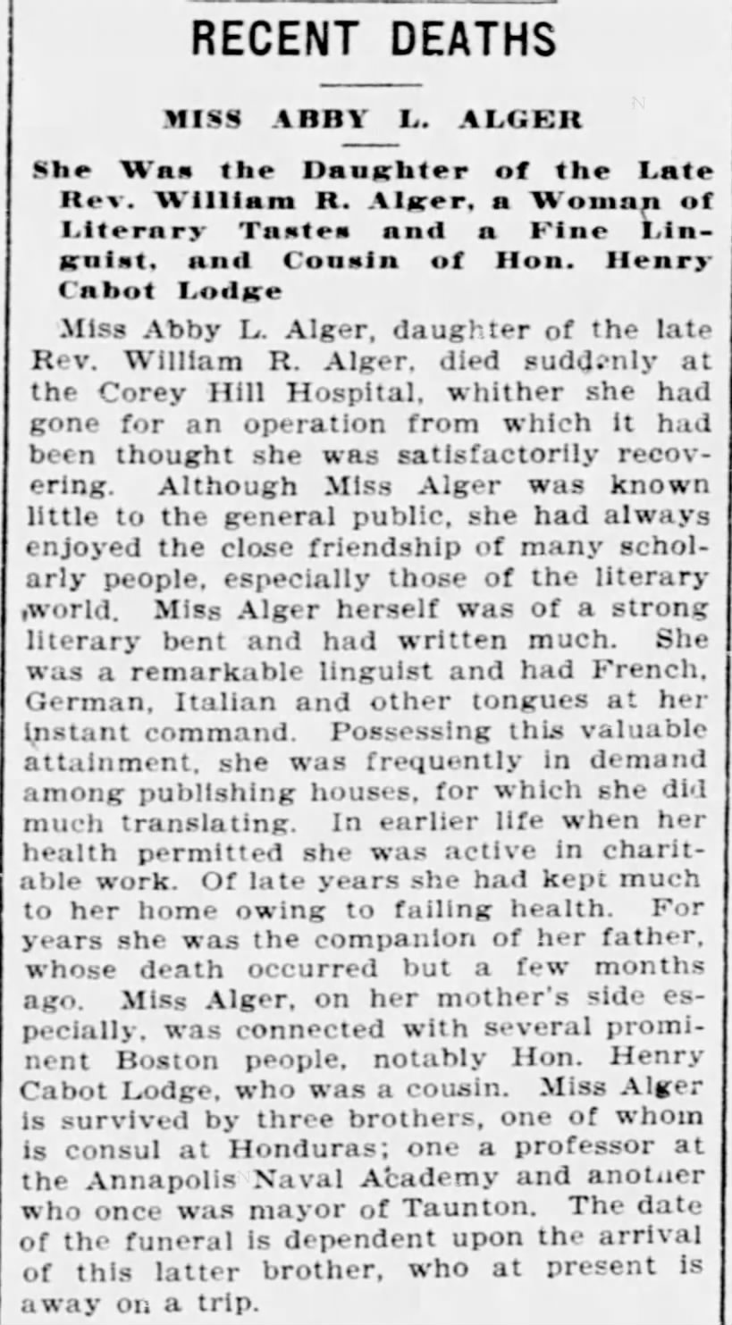 Recent Deaths: Miss Abby L. Alger