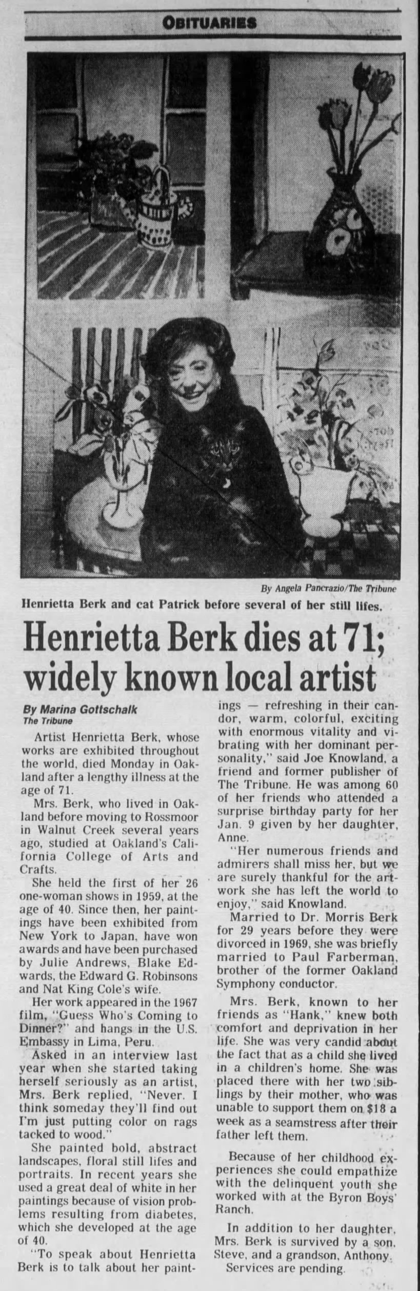 Henrietta Berk dies at 71; widely known local artist/Marina Gottschalk