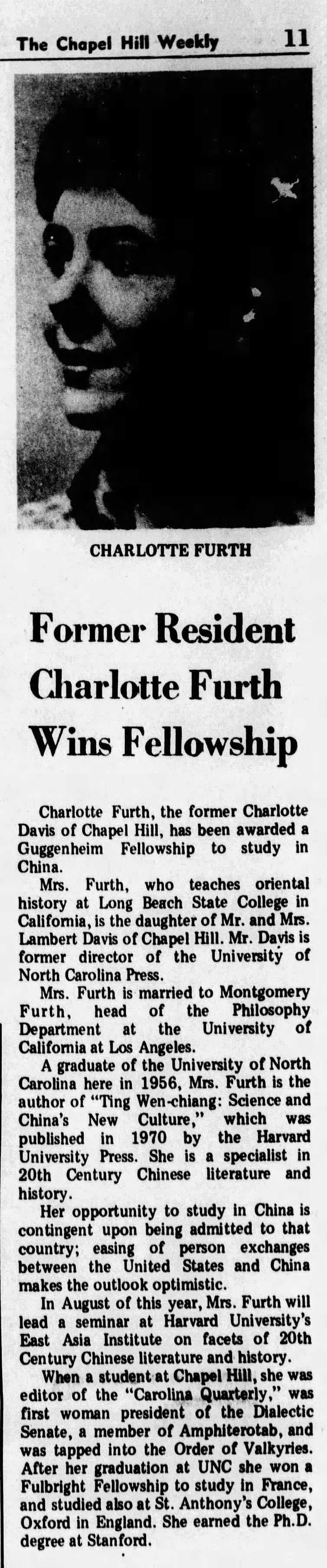 Former Resident Charlotte Furth Wins Fellowship