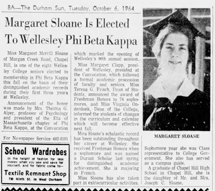 Margaret Sloane is Elected to Wellesley Phi Beta Kappa