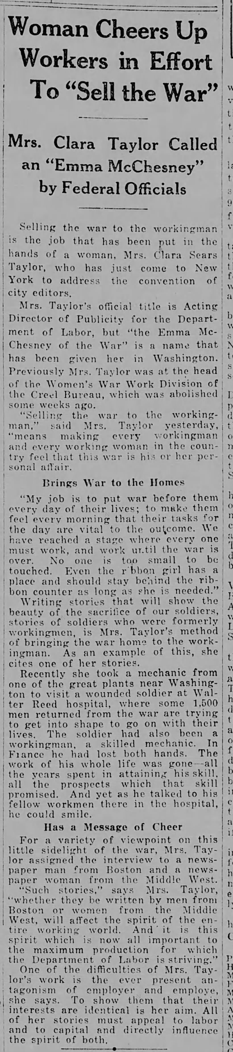 "Woman Cheers Up Workers in Effort to Sell the War" (1918)