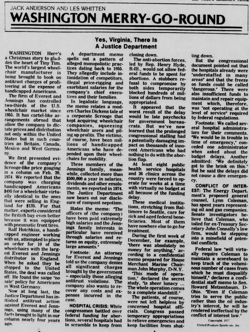 Jack Anderson column on antitrust suit against Everest & Jennings (1977).