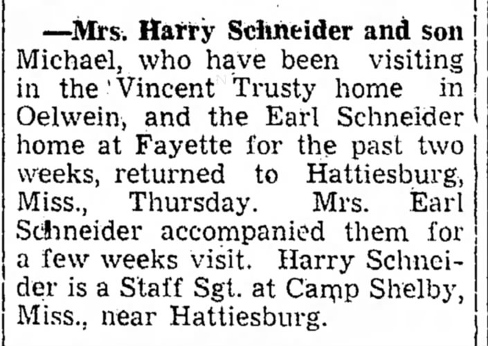 Schneiders return to Hattiesburg, MS 9/25/43