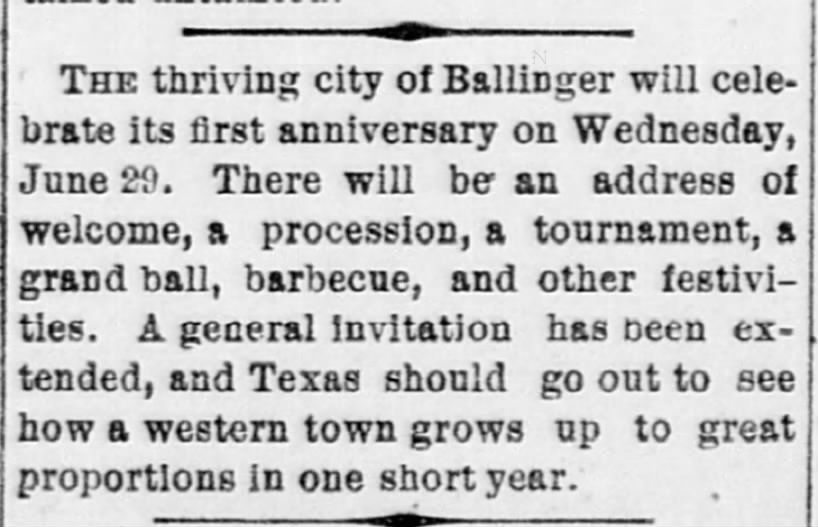 Fort Worth Daily Gazette_16JUN1887 - 1st anniversary celebration of Ballinger