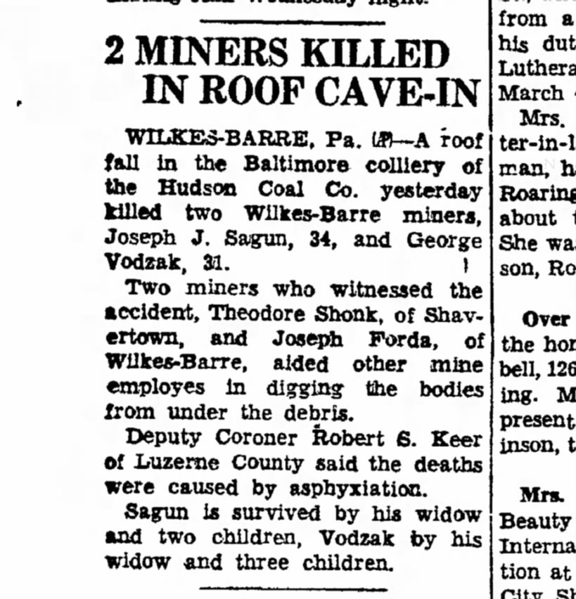 Death of George Vodzak in Wilkes Barre Miner 23 Feb 1956 Gettysburgh Times