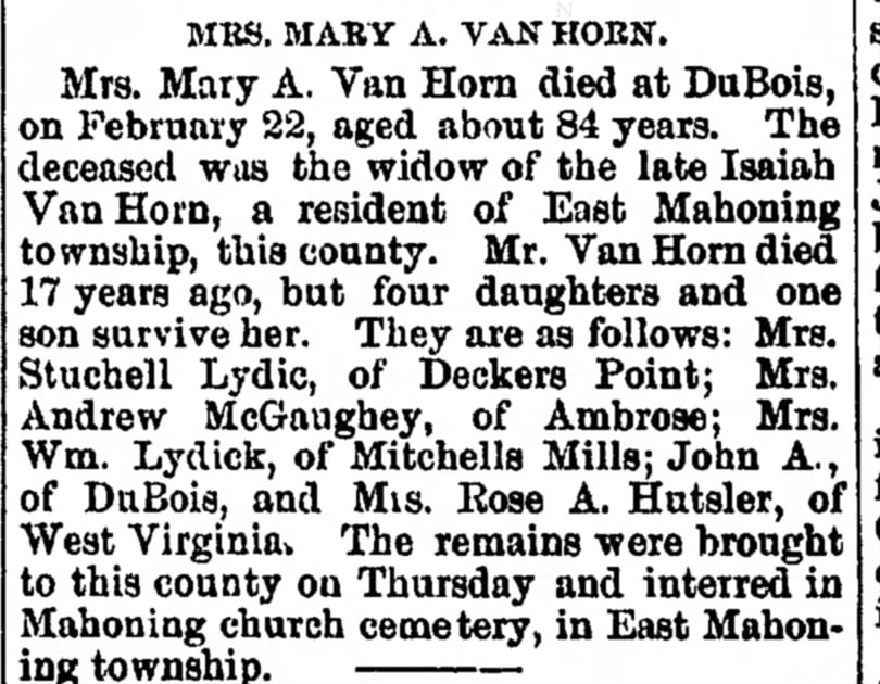 Obituary  "The Indiana Progress" Indiana, PA, Wednesday, March 2, 1898